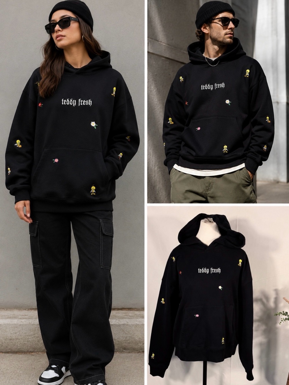 💥Teddy Fresh x Looney Tunes Tweety Bird Embroidered Hoodie Unisex Sz M🧡